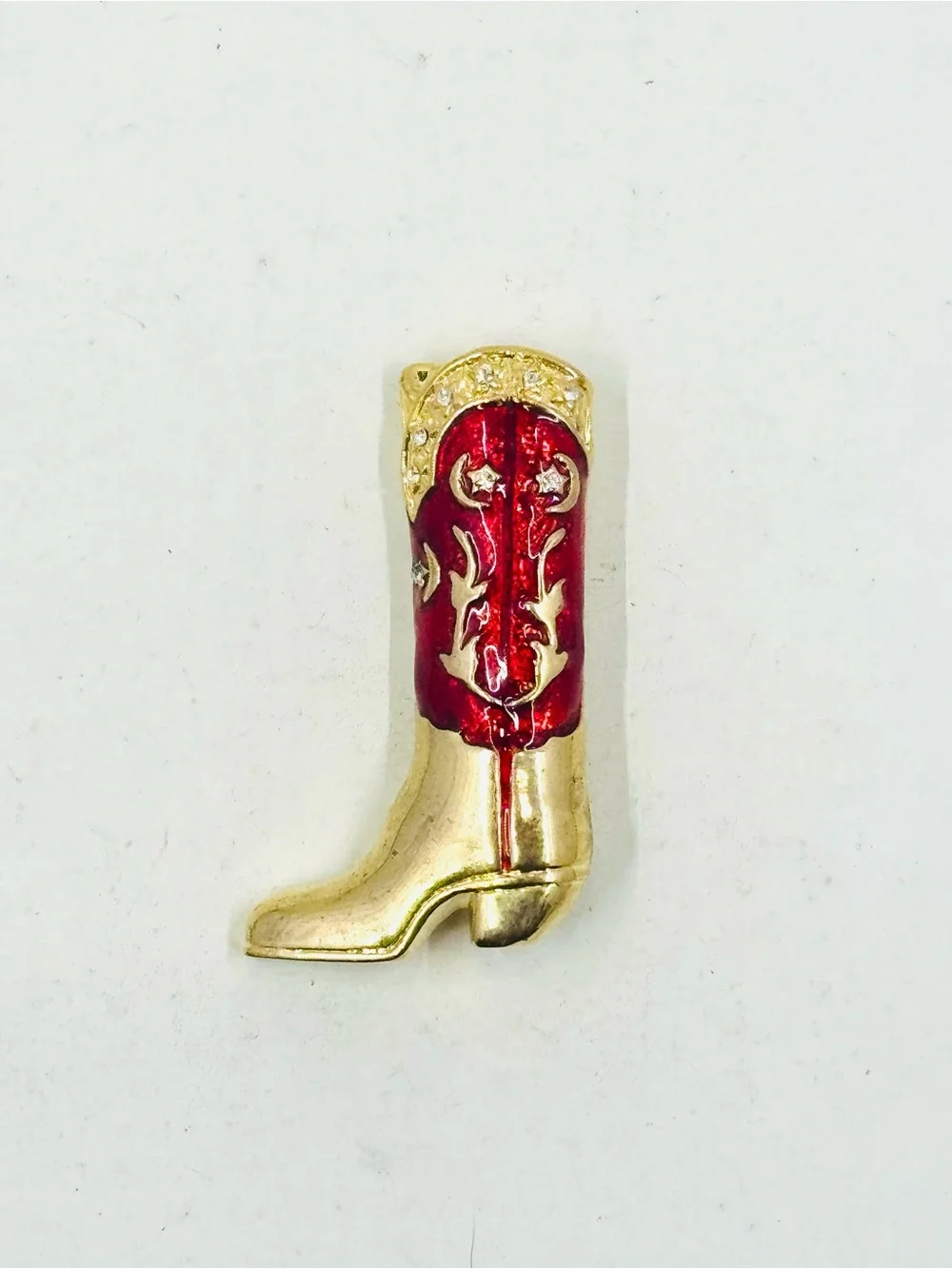 Gold Tone Red Enamel Western Cowboy Boot Brooch W/Rhinestone Accents